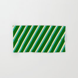 [ Thumbnail: Beige, Light Sea Green & Dark Green Colored Lined Pattern Hand & Bath Towel ]