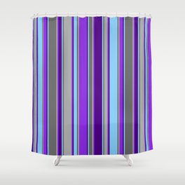 [ Thumbnail: Eye-catching Light Sky Blue, Indigo, Purple, Dark Gray & Dim Grey Colored Lines Pattern Shower Curtain ]