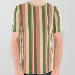 [ Thumbnail: Dark Olive Green, Light Coral, and Pale Goldenrod Colored Lined/Striped Pattern All Over Graphic Tee ]