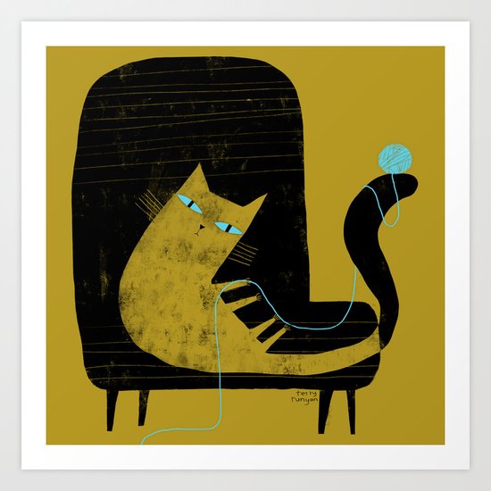 YELLOW CAT BLACK CHAIR Art Print