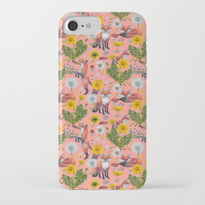 Dandelion Flowers with Foxes - pink iPhone Case