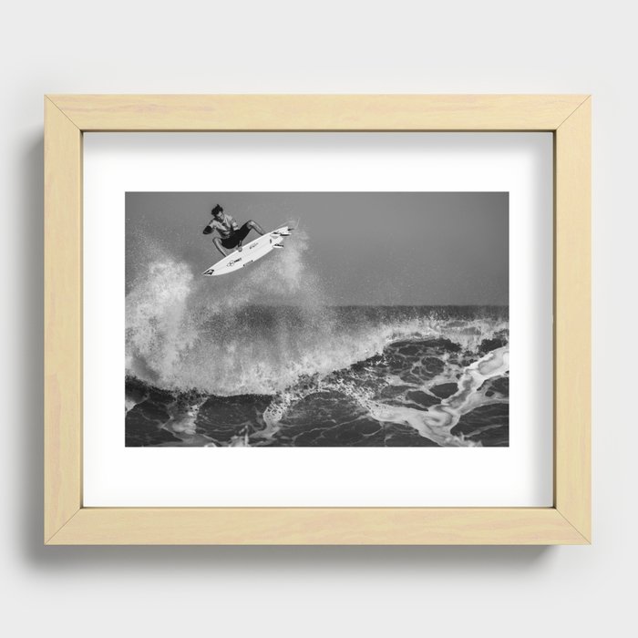 Surf's up; surfer riding the big waves surfing black and white photograph - photography - photographs Recessed Framed Print