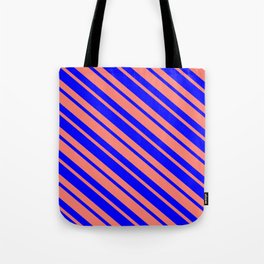 [ Thumbnail: Blue & Salmon Colored Lined Pattern Tote Bag ]