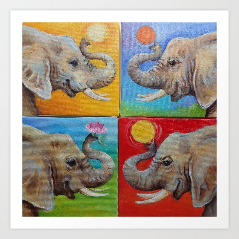 Happy Elephant Pop Art Painting Fun Colorful Illustration Checker