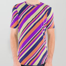 [ Thumbnail: Coral, Dark Violet, Pale Goldenrod, and Midnight Blue Colored Lined/Striped Pattern All Over Graphic Tee ]
