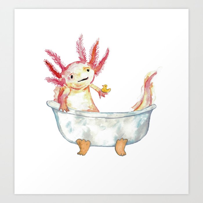 Axolotl taking bath watercolor painting Art Print