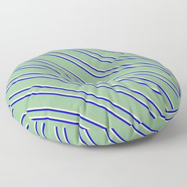 [ Thumbnail: Dark Sea Green, Pale Goldenrod, and Blue Colored Striped Pattern Floor Pillow ]
