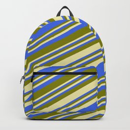 [ Thumbnail: Pale Goldenrod, Royal Blue, and Green Colored Lined Pattern Backpack ]