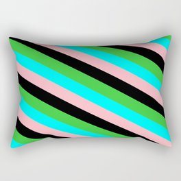 [ Thumbnail: Lime Green, Cyan, Light Pink & Black Colored Striped Pattern Rectangular Pillow ]