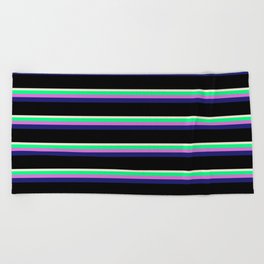 [ Thumbnail: Beige, Green, Orchid, Midnight Blue, and Black Colored Lined Pattern Beach Towel ]