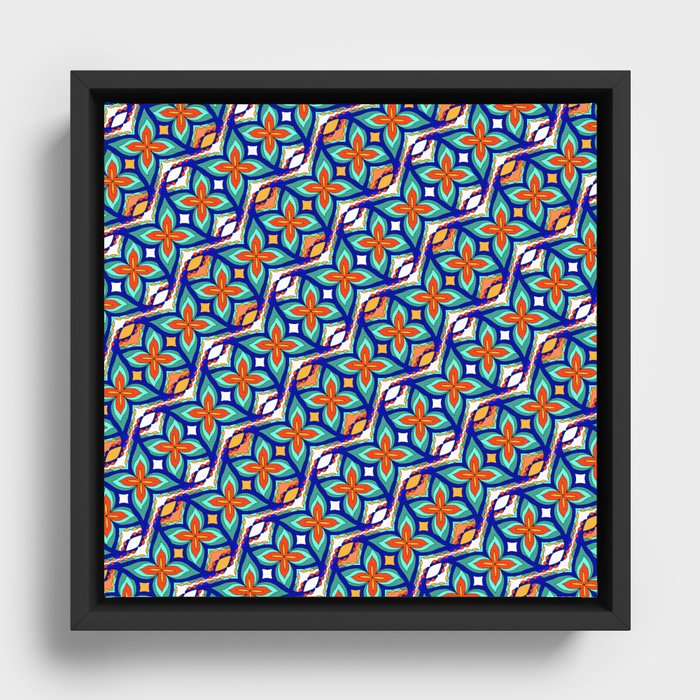 Retro Flower Tile Pattern - Hummingbird Charm Framed Canvas