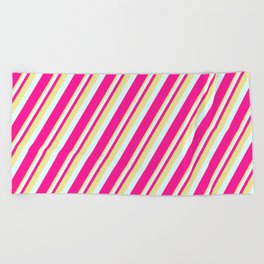 [ Thumbnail: Tan, Light Cyan & Deep Pink Colored Striped Pattern Beach Towel ]