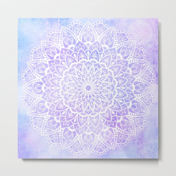 White Mandala on Pastel Blue and Purple Textured Background Metal Print