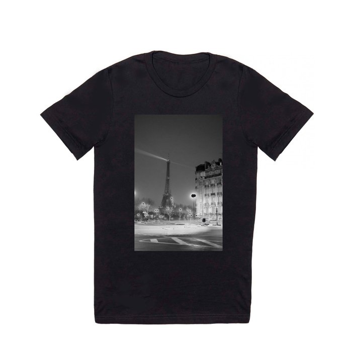 Eiffel Tower, Lighted at Night, Paris, France city lights black and white photography / photograph T Shirt