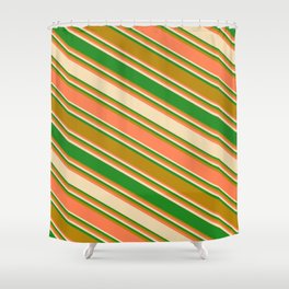 [ Thumbnail: Coral, Tan, Forest Green, and Dark Goldenrod Colored Stripes/Lines Pattern Shower Curtain ]