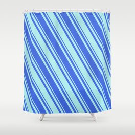 [ Thumbnail: Royal Blue & Turquoise Colored Lined/Striped Pattern Shower Curtain ]