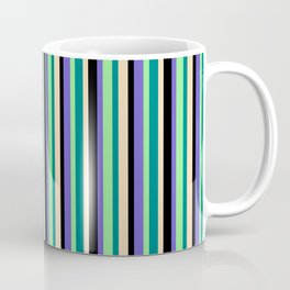[ Thumbnail: Eye-catching Slate Blue, Black, Tan, Teal & Light Green Colored Stripes/Lines Pattern Coffee Mug ]