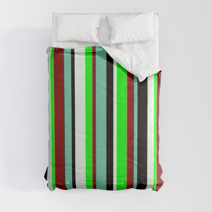 Eyecatching Aquamarine, Maroon, Lime, Mint Cream & Black Colored Lined/Striped Pattern Comforter