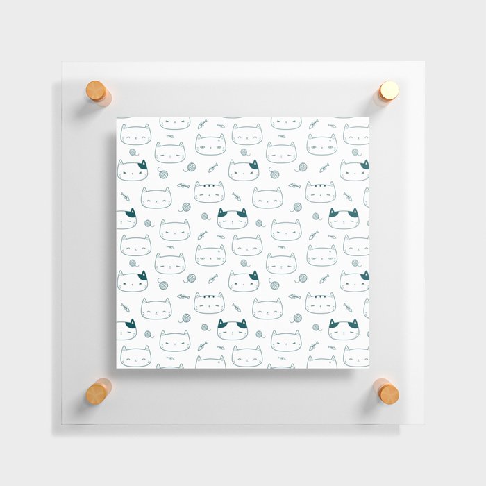 Teal Blue Doodle Kitten Faces Pattern Floating Acrylic Print