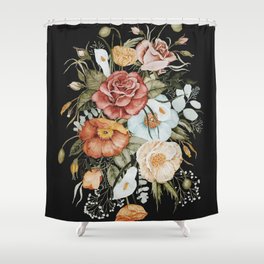 Roses and Poppies Bouquet on Charcoal Black Shower Curtain