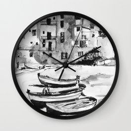 Cefalu Sicily Fishing Village Italy Black and White Watercolor Painting Wall Clock