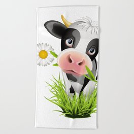 Cute Holstein cow in grass Beach Towel