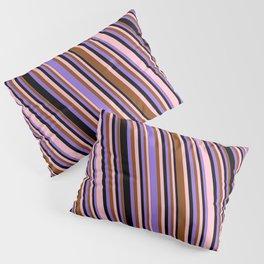 [ Thumbnail: Pink, Brown, Purple & Black Colored Lined Pattern Pillow Sham ]