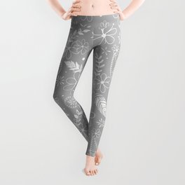doodle feathers flowers paislies gray white pattern Leggings