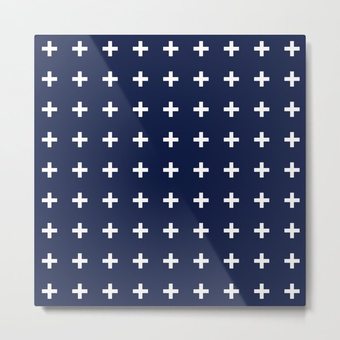 Navy Blue Swiss Cross Minimalist Line Drawing Metal Print