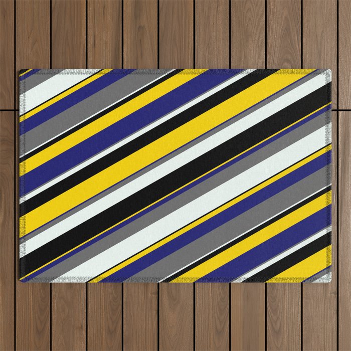 Eyecatching Dim Grey, Mint Cream, Black, Yellow, and Midnight Blue Colored Stripes Pattern Outdoor Rug