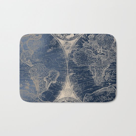 Antique World Map Gold Navy Blue Library Bath Mat