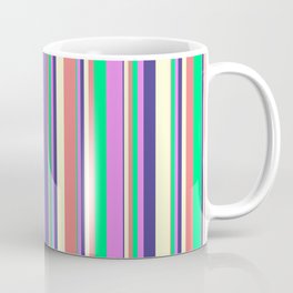 [ Thumbnail: Vibrant Light Coral, Green, Violet, Dark Slate Blue, and Light Yellow Colored Pattern of Stripes Coffee Mug ]