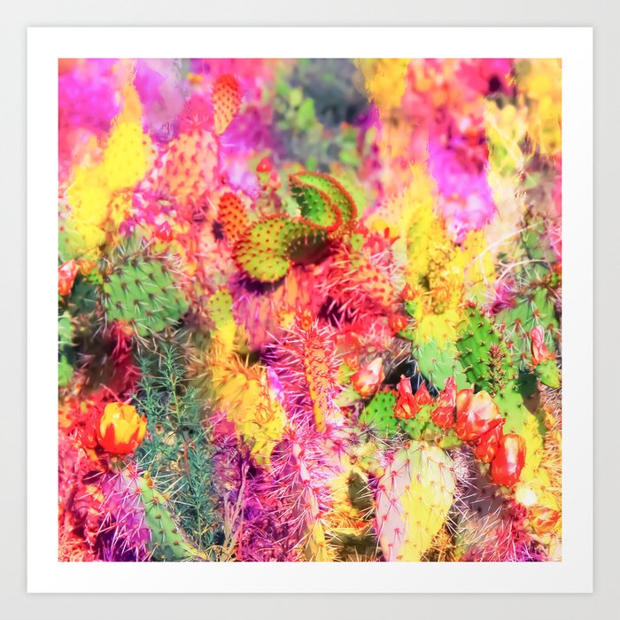 green cactus with flower in the desert with colorful painting abstract