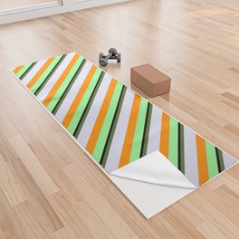 [ Thumbnail: Colorful Green, Dark Orange, Lavender, Dark Olive Green, and Black Colored Lined Pattern Yoga Towel ]