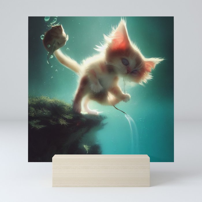 Gato en fondo del mar Mini Art Print