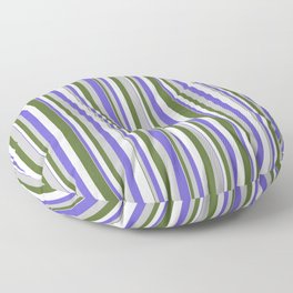 [ Thumbnail: Grey, Slate Blue, Mint Cream & Dark Olive Green Colored Stripes/Lines Pattern Floor Pillow ]