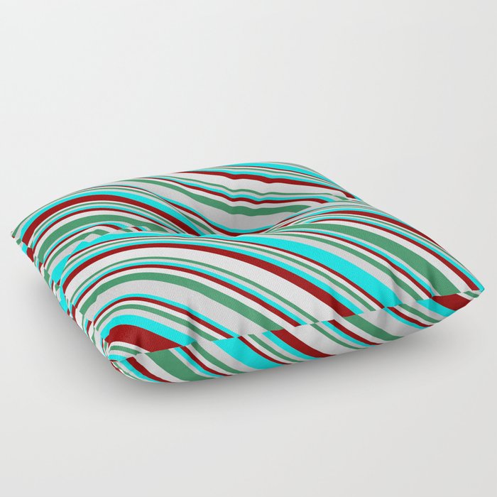 Eyecatching Sea Green, Light Grey, Cyan, Dark Red, and White Colored Lines Pattern Floor Pillow