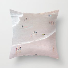 Aerial Pastel Beach - People - Pink Sand - Ocean - Sea Travel photography Throw Pillow