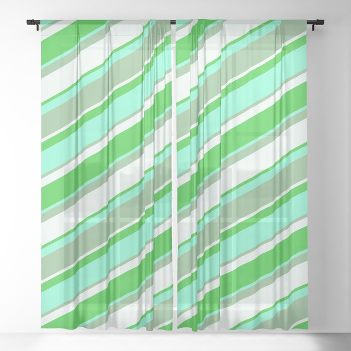 Aquamarine, Dark Sea Green, Mint Cream & Lime Green Colored Lined Pattern Sheer Curtain
