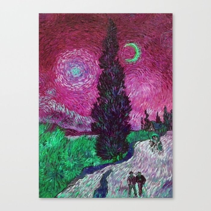 Road with Cypress and Star; Country Road in Provence by Night, oil-on-canvas post-impressionist landscape painting by Vincent van Gogh in alternate pink twilight sky Canvas Print