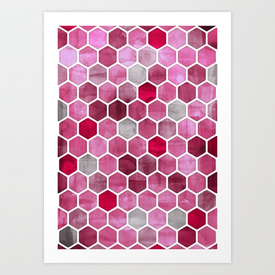 Pink Ink - watercolor hexagon pattern Art Print