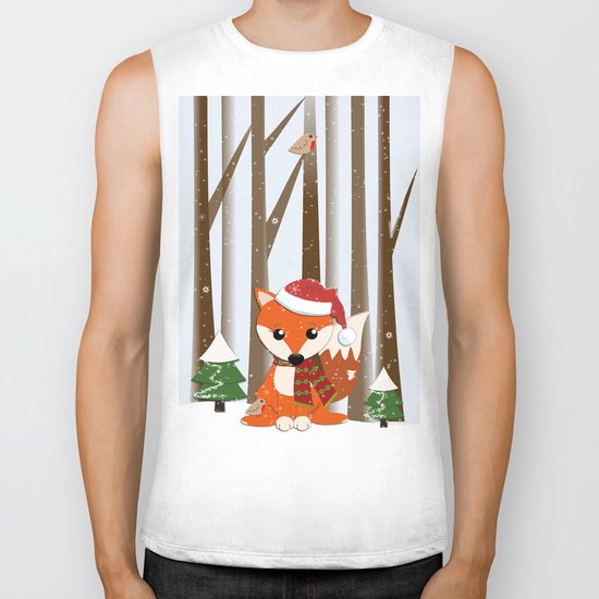 Cute Foxes with Santa hats in a snowy winter world Biker Tank