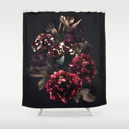 Midnight garden. Vintage bouquet of roses, dark red peony and iris. Shower Curtain
