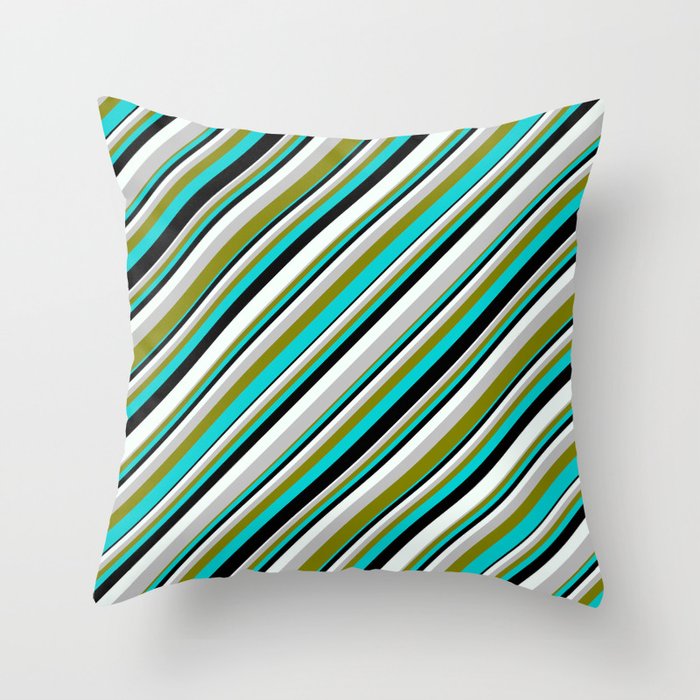 Colorful Grey, Green, Dark Turquoise, Black, and Mint Cream Colored Lined/Striped Pattern Throw Pillow