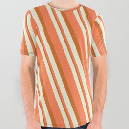 [ Thumbnail: Beige, Coral & Chocolate Colored Stripes Pattern All Over Graphic Tee ]