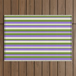 [ Thumbnail: Green, Purple, and Beige Colored Lines Pattern Outdoor Rug ]