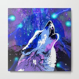 WOLF MOON AND SHOOTING STARS Metal Print | Animalpainting, Blue, Wolf, Night, Howlingwolf, Purple, Violetpurple, Animal, Painting, Abstractwolf 