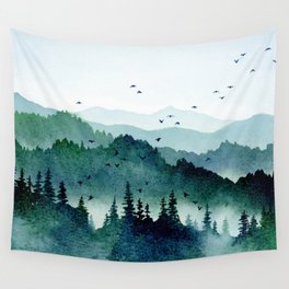 Watercolor Mountains - Handpainted Landscape Art Pine Trees Forest Wanderlust Wall Tapestry
