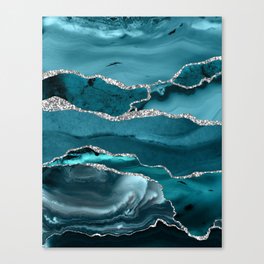 Glamour Turquoise Blue Bohemian Watercolor Marble With Silver Glitter Veins Canvas Print