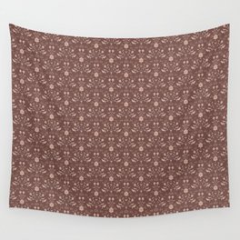 Cafe Block Print Floral - Brown Pink Wall Tapestry